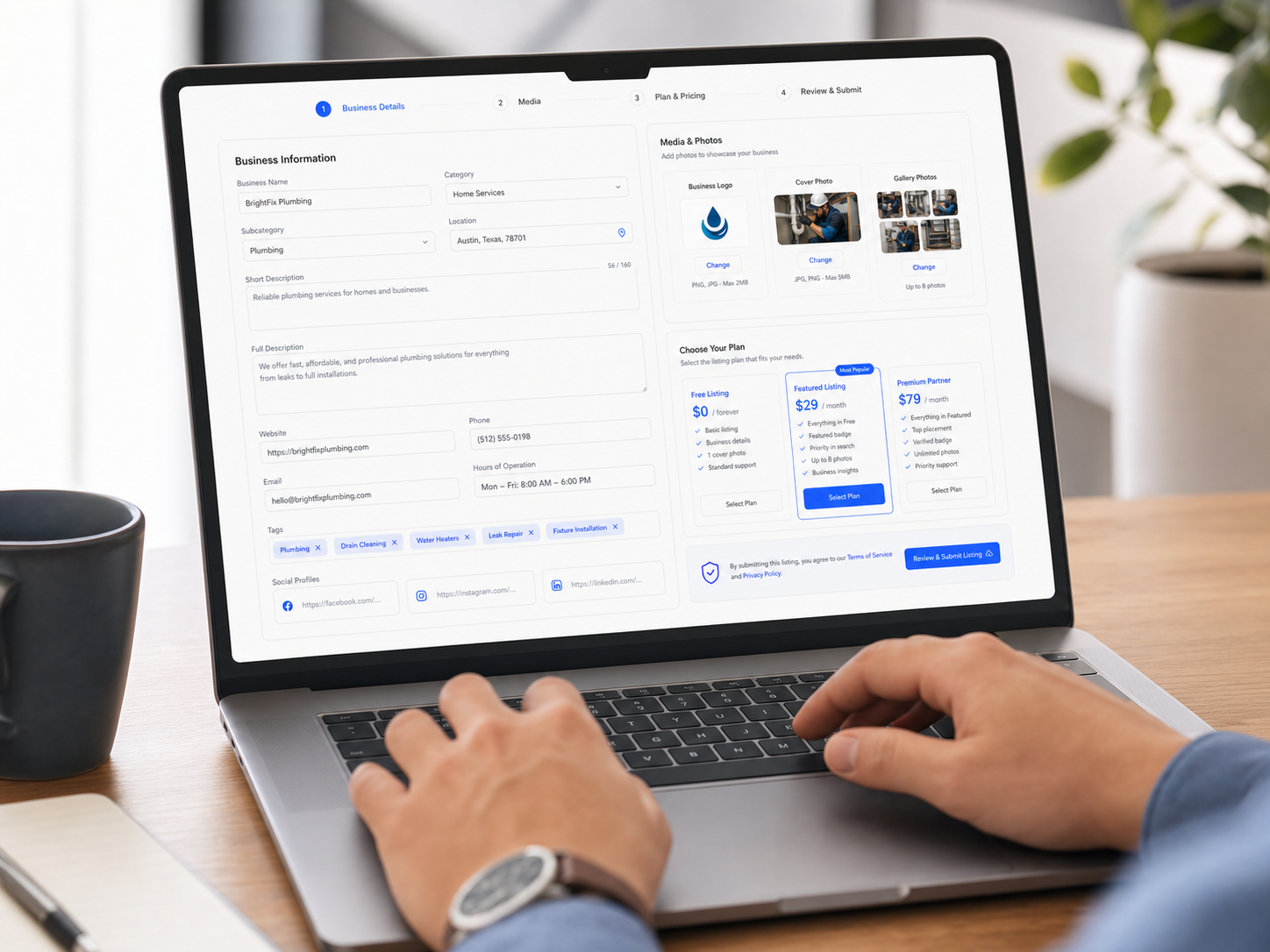 Business listing submission form on a laptop
