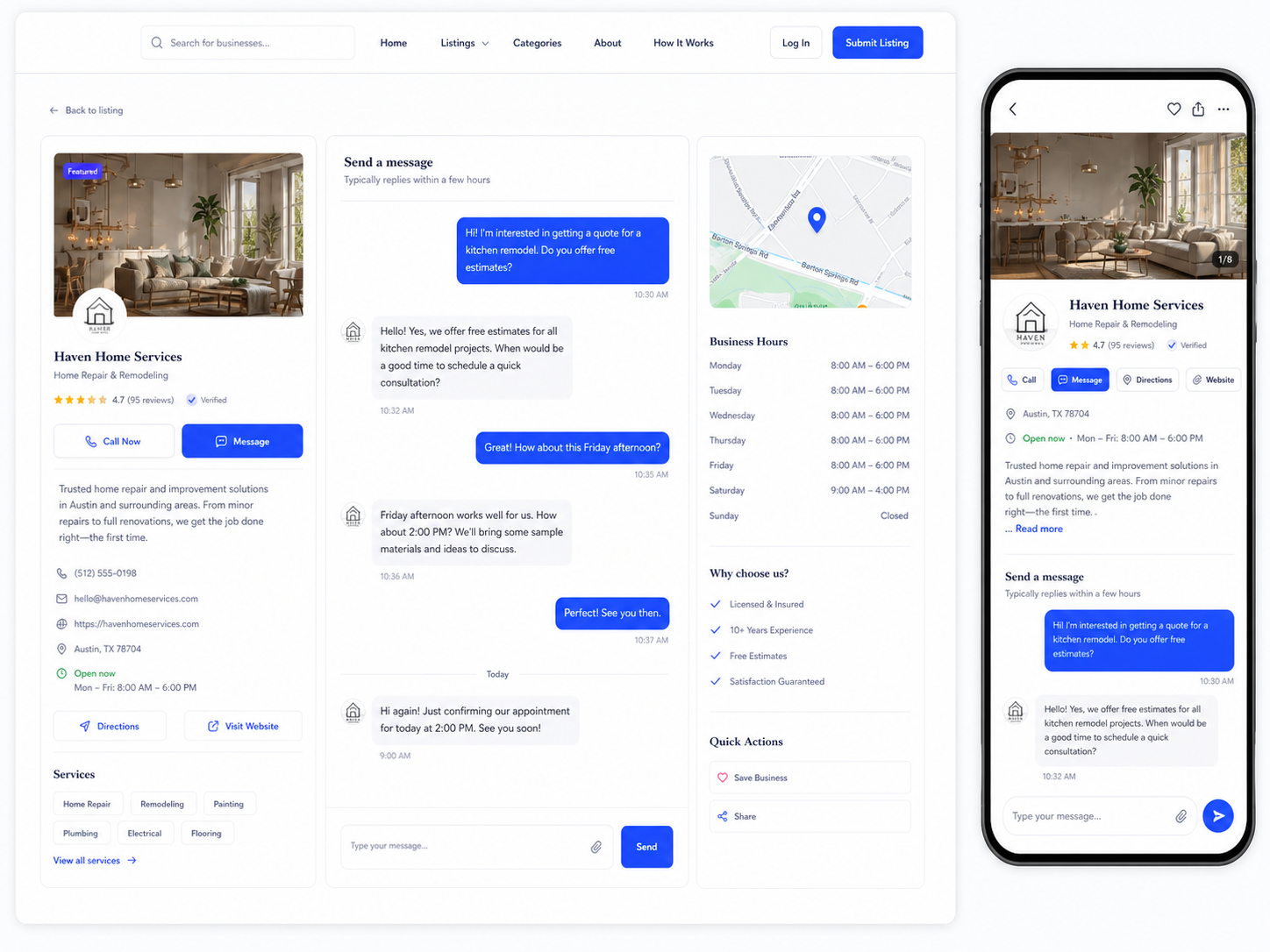 Business profile contact interface with messaging and action buttons